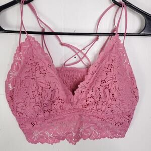 Pink Bra Womens XL Smocked Back Lace Florals Padded Longline Sexy Festival